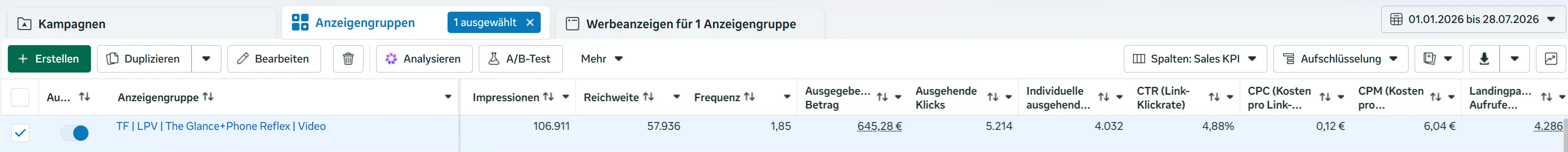 Auswertung im Meta Werbeanzeigenmanager mit Impressionen, Reichweite, Link-Klickrate, Kosten pro Link-Klick und Landingpage-Aufrufen
