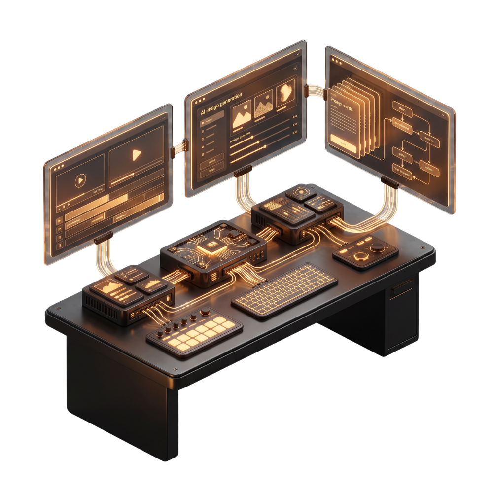 Isometrische 3D-Illustration eines automatisierten Kreativ-Arbeitsplatzes